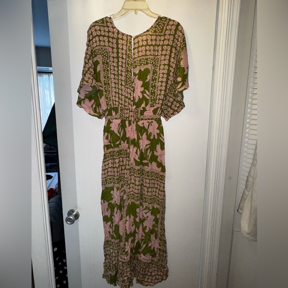 Olivaceous Olive Green and Blush Pink Printed Dress